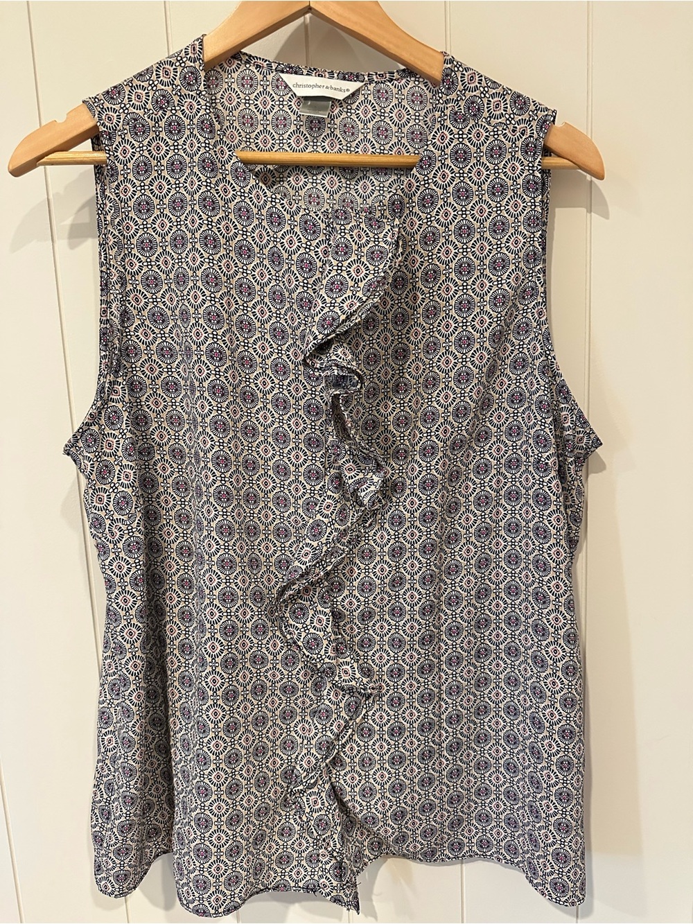 Christopher & Banks Geometric Print Ruffle Blouse Sleeveless Women’s L